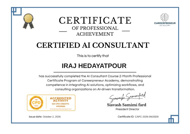 گواهی Certified AI Consultant صادرشده از Careerpreneur Academy با اعتبار CPD به نام ایرج هدایت‌پور