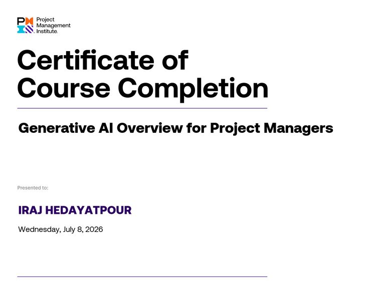 گواهی اتمام دوره Generative AI Overview for Project Managers صادرشده از Project Management Institute به نام ایرج هدایت‌پور