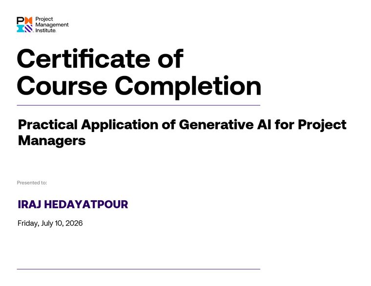 گواهی اتمام دوره Practical Application of Generative AI for Project Managers صادرشده از Project Management Institute به نام ایرج هدایت‌پور