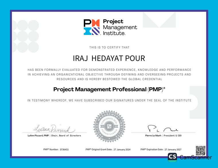 گواهی Project Management Professional صادرشده از Project Management Institute به نام ایرج هدایت‌پور